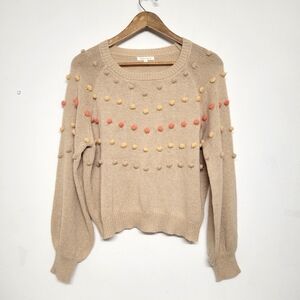 BaeVely Beige Sweater with Colorful Pom-Poms, Sz Large